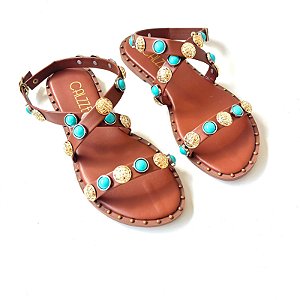 Sandália Rasteira Feminina Pedra Azul Turquesa REF 25003