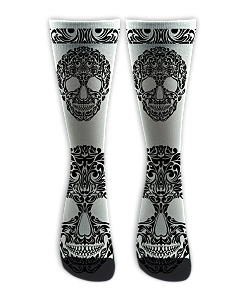Meia Cano Alto - Skull Tribal White