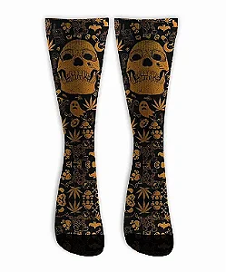 Meia  Cano Alto - Cannabis Skull Orange