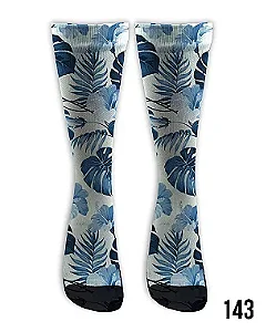 Meia  Cano Alto - Floral Folhagem Azul