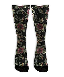 Meia  Cano Alto - Floral Ibisco Black