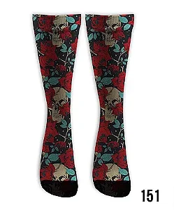 Meia  Cano Alto - Caveira Floral Azul