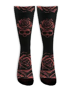 Meia  Cano Alto - Skull Roses Black