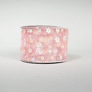 Rolo de Fita Aramada - Transparente/Flores Rosa