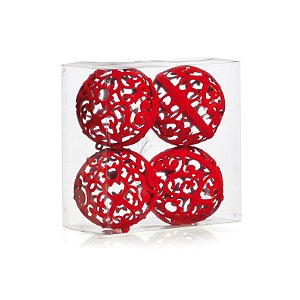 Jogo de Bolas Decorativa Natalina 10cm - Vermelho/Arabescos
