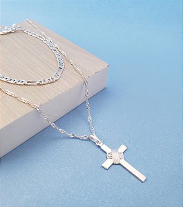 Colar masculino de cruz em X no meio + pulseira com élos alternados modernos banhados a prata