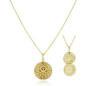 Colar Relicario Redondo Arabesco Dourado