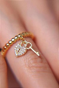 Anel Chave Cadeado Dourado