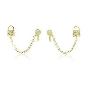 Brinco Duplo Chave Cadeado Dourado