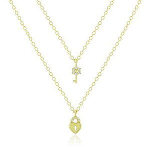 Colar Duplo Chave Cadeado Dourado