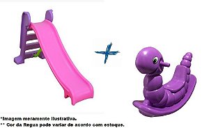 Kit Escorregador Médio Rosa + Gangorra Minhoca Lilas