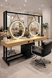 Bancada salão de beleza Estação Cross completa com espelhos Led