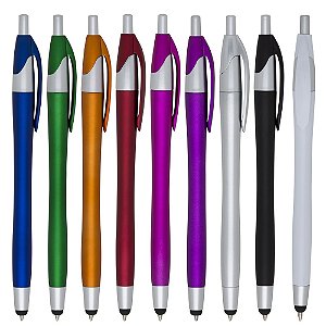 Caneta plástica com ponteira touch screen, carga esferográfica azul e acionamento por clique.