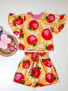 Conjunto Infantil Menina Estampa Tropical de Fruta (Iza Maçã e Iza Morango)