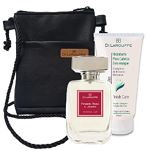Kit Perfume Feminino Pimenta Rosa & Jasmim, Hidratante de Cabelos e Bolsa para Celular