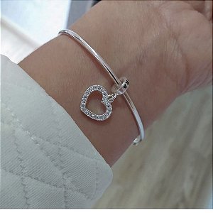 Pulseira bracelete liso com berloque Pandora coração em Prata 925
