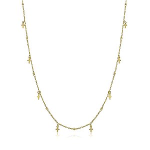 Colar longo cruz e bolinhas banhado a ouro 18k