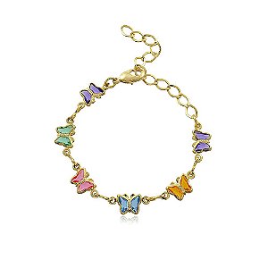 Pulseira infantil borboletas coloridas banhada a ouro 18k