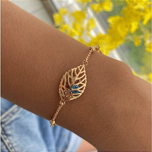 Pulseira folha com cristais coloridos banhada ouro 18k