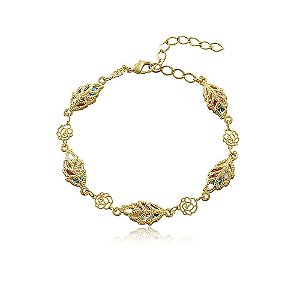 Pulseira folha e rosas com cristais coloridos banhada a ouro 18k