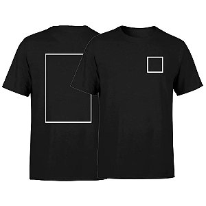 CAMISETA POLIÉSTER MANGA CURTA ADULTO PRETA PERSONALIZADA DTF FRENTE 10cm X 10cm COSTAS 27cm X 20cm