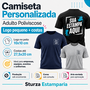Camiseta Personalizada Adulto Poliviscose com Logo Pequeno + Costas