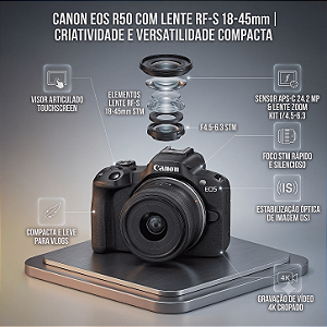Câmera Canon EOS R50 Mirrorless com Lente RF-S 18-45mm F4.5-6.3 STM