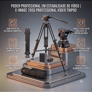 Tripé E-IMAGE 7050 Profissional com Cabeça Hidráulica para Vídeo