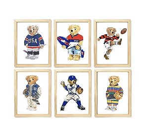 Kit quadro infantil urso esportista polo rauph lauren decoração quarto menino bebê enxoval