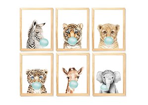 Kit quadro safari real balão azul infantil decorativo quarto criança enxoval bebê menino