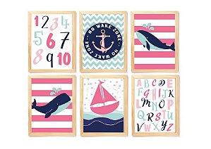 Kit quadro nautica rosa decorativo quarto menina criança enxoval bebê
