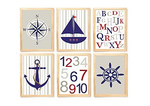 Kit quadro nautica cinza & vermelho decorativo quarto criança enxoval bebê