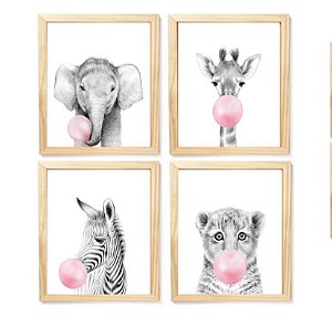 Kit quadro decorativo infantil safari balão rosa quarto criança enxoval bebê