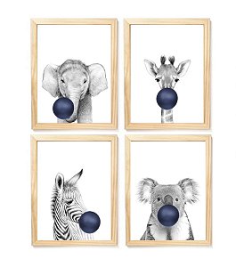 Kit quadro decorativo infantil safari balão azul escuro quarto criança enxoval bebê