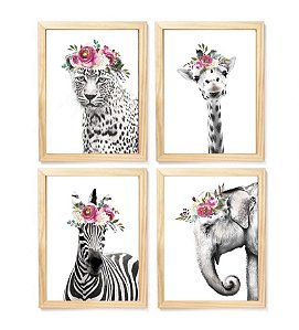 Kit quadro decorativo infantil delicado flores safari quarto criança bebê enxoval menina