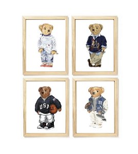 Kit quadro infantil urso polo rauph Lauren decoração quarto criança menino