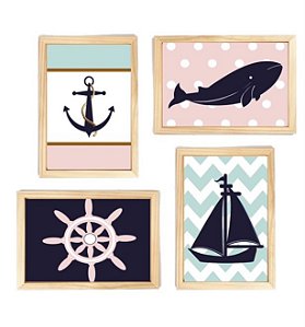 Kit quadro infantil decorativo náutica rosa quarto criança bebê enxoval menina