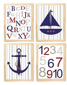 Kit quadro infantil decorativo náutica alfabeto números  quarto criança bebê enxoval infantil