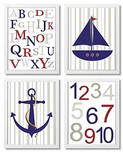 Kit quadro infantil decorativo náutica alfabeto números  quarto criança bebê enxoval infantil