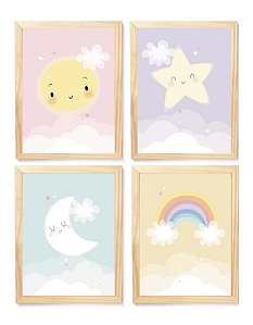 Kit quadro decorativo infantil arco íris sol estrela lua quarto criança bebê enxoval