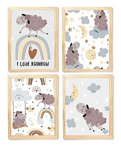 Kit quadro decorativo infantil safari ovelhinhas arco íris  quarto criança bebê