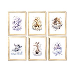 Kit quadro infantil safari nuvem decorativo quarto menina