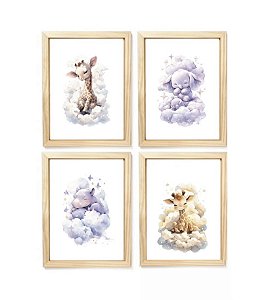 Kit quadro infantil safari nuvem decorativo quarto menina