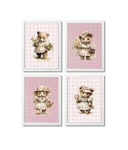 Kit quadro ursa flores decoração quarto bebê enxoval menina