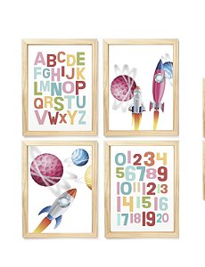 Kit quadro astronauta numeros alfabeto decorativo quarto bebê enxoval criança