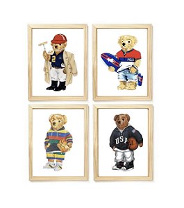 Kit quadro infantil urso esporte polo ralph lauren decorativo quarto bebê enxoval criança menino