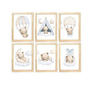 Kit quadro urso soninho decorativo quarto criança enxoval bebê menino