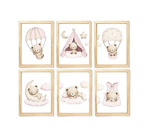 Kit quadro urso soninho decorativo quarto criança enxoval bebê menina