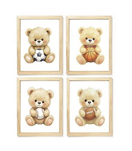 Kit quadro decorativo ursinho esportista quarto criança bebê menino