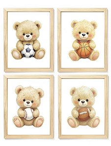 Kit quadro decorativo ursinho esporte bolas quarto criança bebê enxoval menino